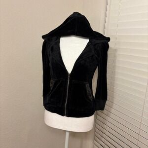 Y2K juicy couture black velour cropped zip-up hoodie  bedazzled pockets size m